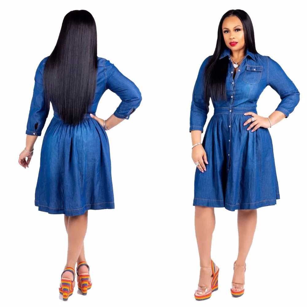 2018 Women Denim Dresses Ladies Thin Turn Down Collar Party Dresses Elegant Loose Jeans Dress Plus Size XXXL