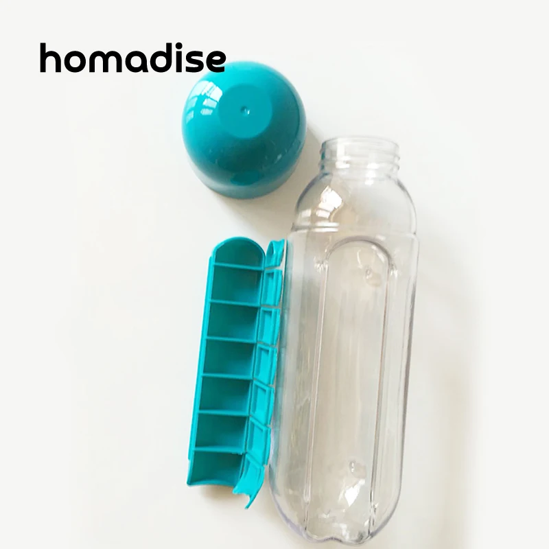 Homadise Спортивная бутылка для воды со встроенным ежедневным органайзером для таблеток дорожный чайник Удобный для переноски комбинированный чехол для лекарств на семь дней