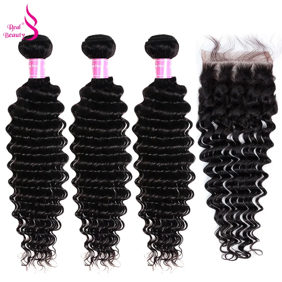 

Brazilian Deep Wave Bundles With Closure 3 Bundle Free/Middle/3 Part Real Beauty Human Hair Weave Bundles With Closure Remy Hair
