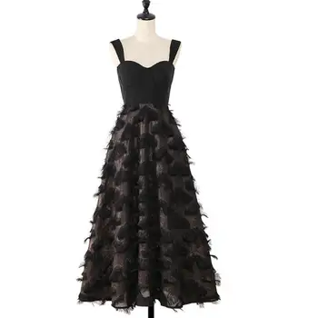 

women sexy strap black dress fashion tassel feather slim vintage a-line strapless party dress
