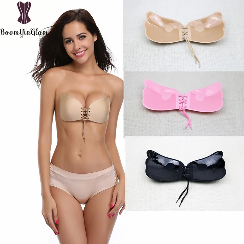 

High Quality Pink/Nude/Black Color Push Up Strapless Wing Shape Women Silicone Bra Adhesive Invisible Bra For Dress 9001#