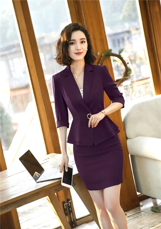 Purple Новинка Белые Официальные деловые костюмы с юбкой и блейзером пальто и куртки для женщин офисные профессиональные OL стили женские блейзеры - Цвет: Purple