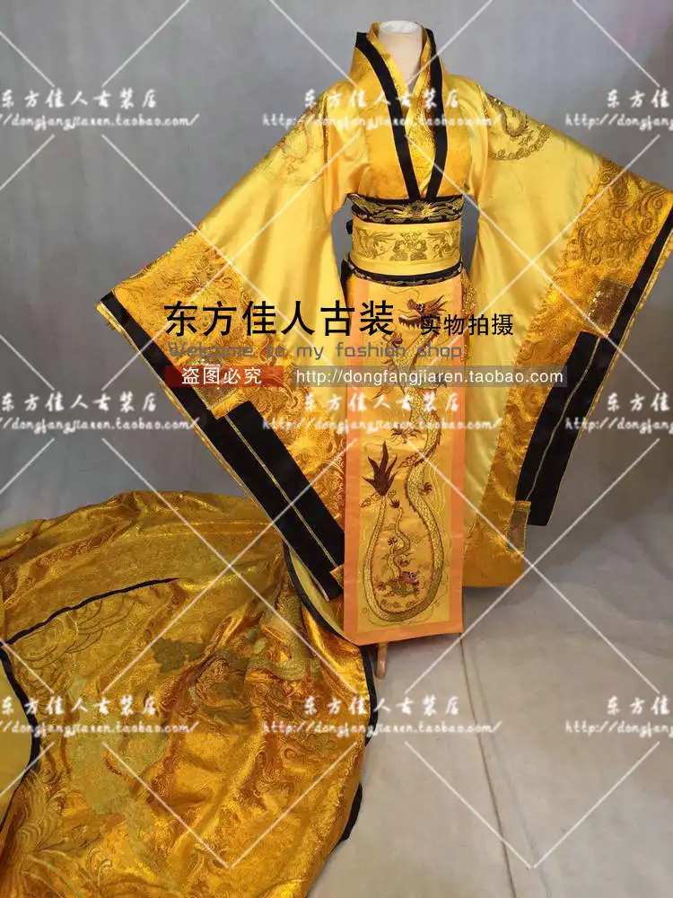 Желтый Золотой великолепный Вышивка женский император дракон халат костюм ханьфу для ТВ играть легенда о Тан императрица Ву meiniang