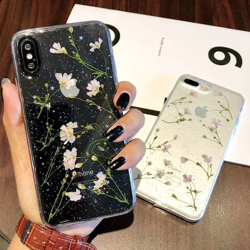 Настоящие цветы сухоцветы Мягкие TPU чехол для iPhone X XS XR XS Max 6 6 S 7 8 плюс Прозрачный Bling Красивая задняя крышка