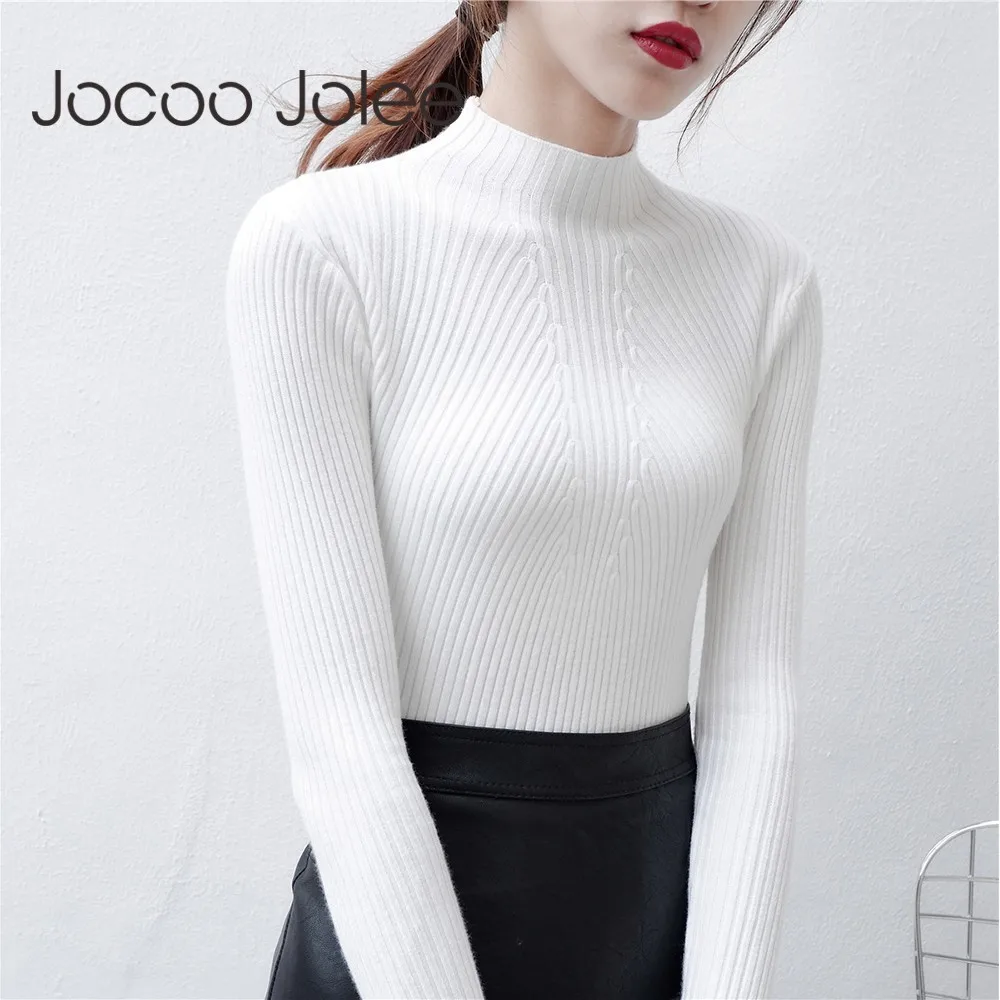

Women Korean Pop White Knitted Sweater Casual Solid Long Sleeve Turtleneck Pullover Sexy Tight Elastic Jumpers Bottoming Tops