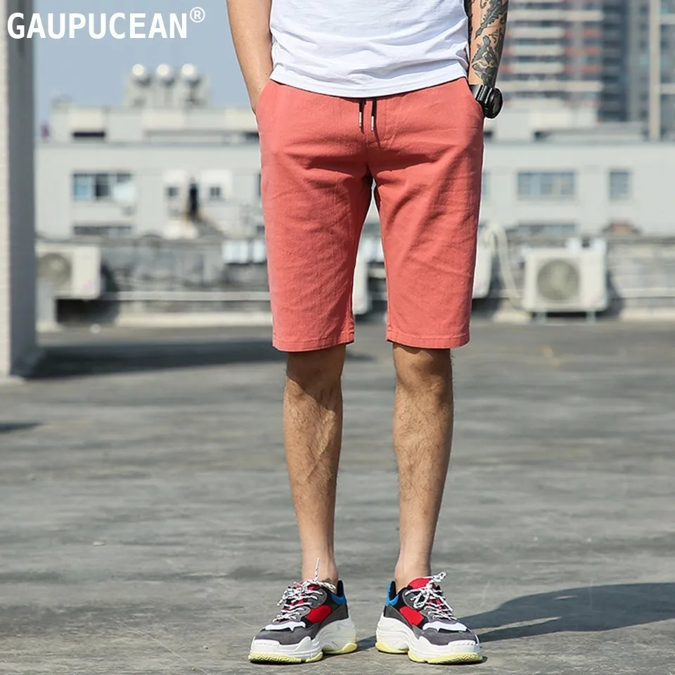 

98% Cotton 2% Spandex Men Knee Length Summer Elastic Waist Thin Solid Grey Black Red Male Straight Chino Casual Man Shorts