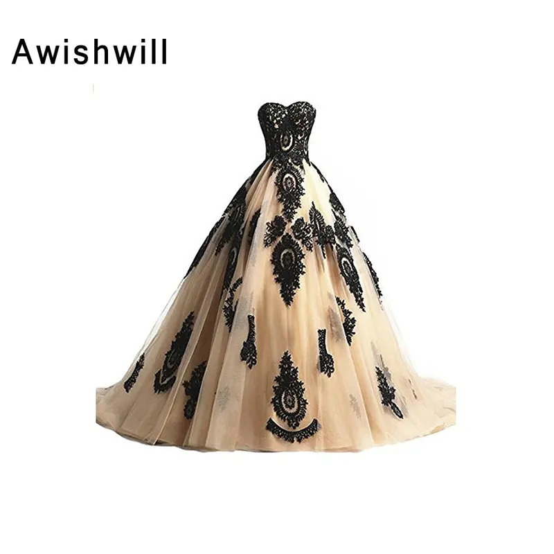 

Gold Dress 2017 New Arrival Sweetheart Lace Appliques Tulle Corset Back Ball Gown Elegant Women Formal Evening Gowns Dresses