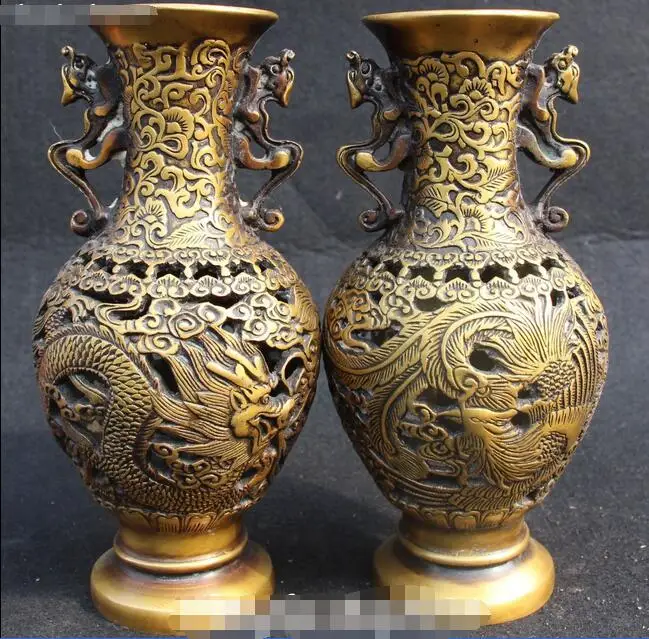 

Chinese Pure Bronze Hollow Dragon Phoenix Animal Flower Vase Bottle Vases Pair