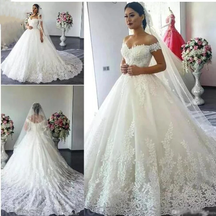 

2019 Ball Gown Wedding Dress With Lace Veil Off Shoulder Sweetheart Long Train Lace Applique Bride Dress robe de soiree