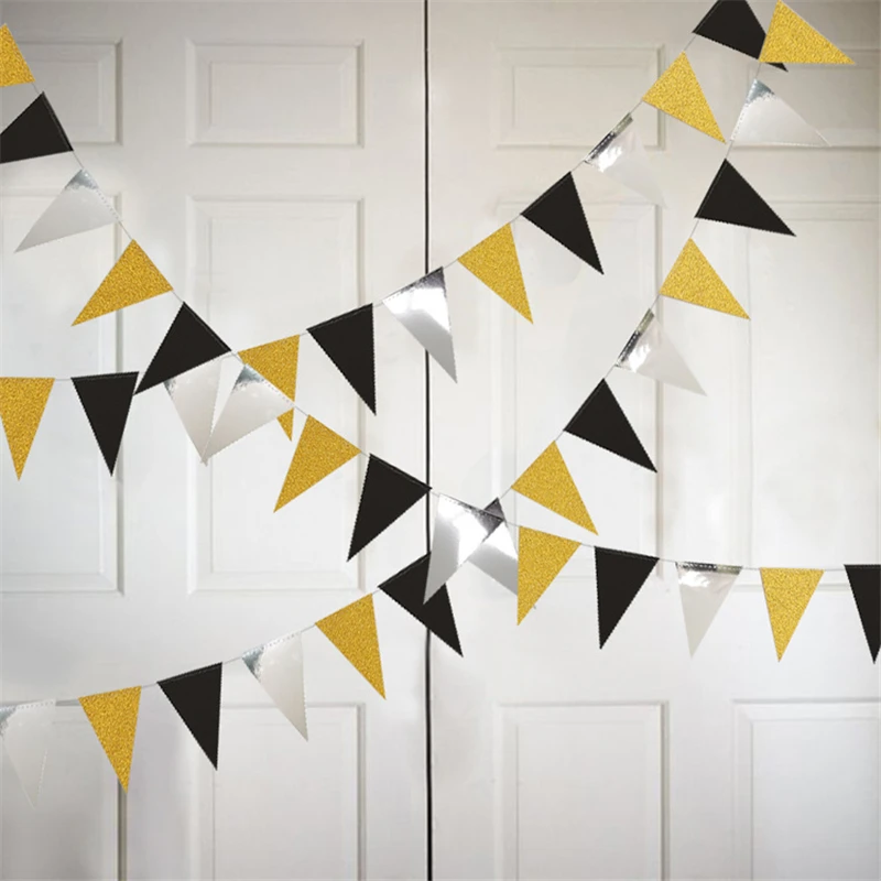 

4m Gorgeous Gold And Silver Black Triangle Banner Festoon Flag For Baby Shower Graduation Ceremony Wedding Birthday Party Decor