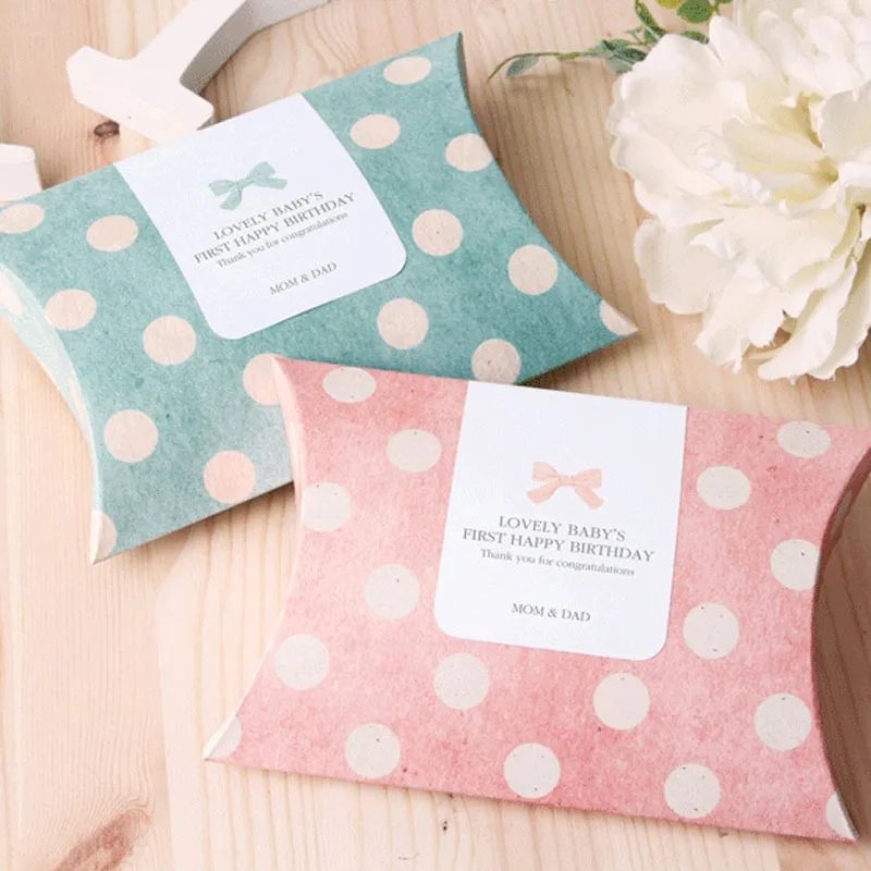 

30pcs Pillow Candy Box Dots Paper Gift Box Pink/Blue Supply Accessories Wedding Party Decorations Baby Shower Favour Kraft Paper