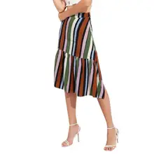 Модная женская длинная юбка в полоску с неровными складками и рюшами, Qomen, для офиса, для весны и лета, Aut