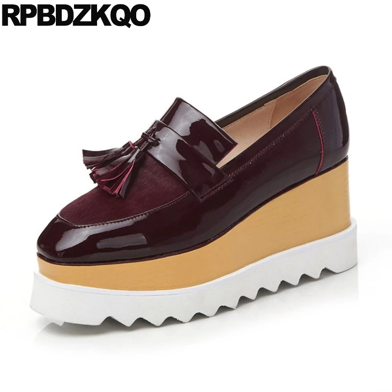 

Wedge Square Toe High Heels Harajuku Wine Red Pumps Genuine Leather Shoes Women Platform Ladies Size 33 8cm Big Creepers 10 42