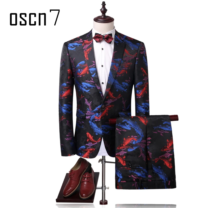 Image Fish Printed Black Red Slim Fit Suit Men Italy Style Notch Lapel Leisure Tuxedo Men Prom Latest Coat Pant Designs