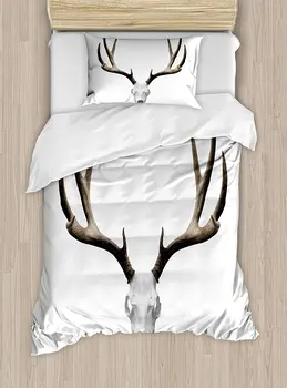 

Antlers Duvet Cover Set , A Deer Skull Skeleton Head Bone Halloween Weathered Hunter Collection, 4 Piece Bedding Set