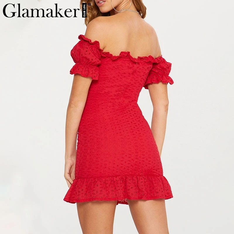Женское короткое пляжное платье Glamaker Красное Облегающее в горошек с оборками