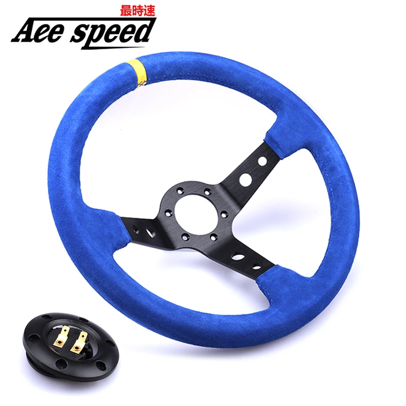 Universal Steering Wheel blue Suede Leather Black Alu Frame Deep