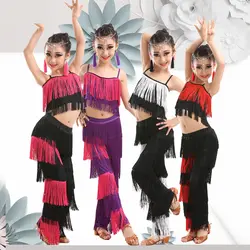 Дети кисточкой костюмы для латинских танцев Одежда для танцев обувь девочек Сальса Самба Бальные бахрома топы и брюки