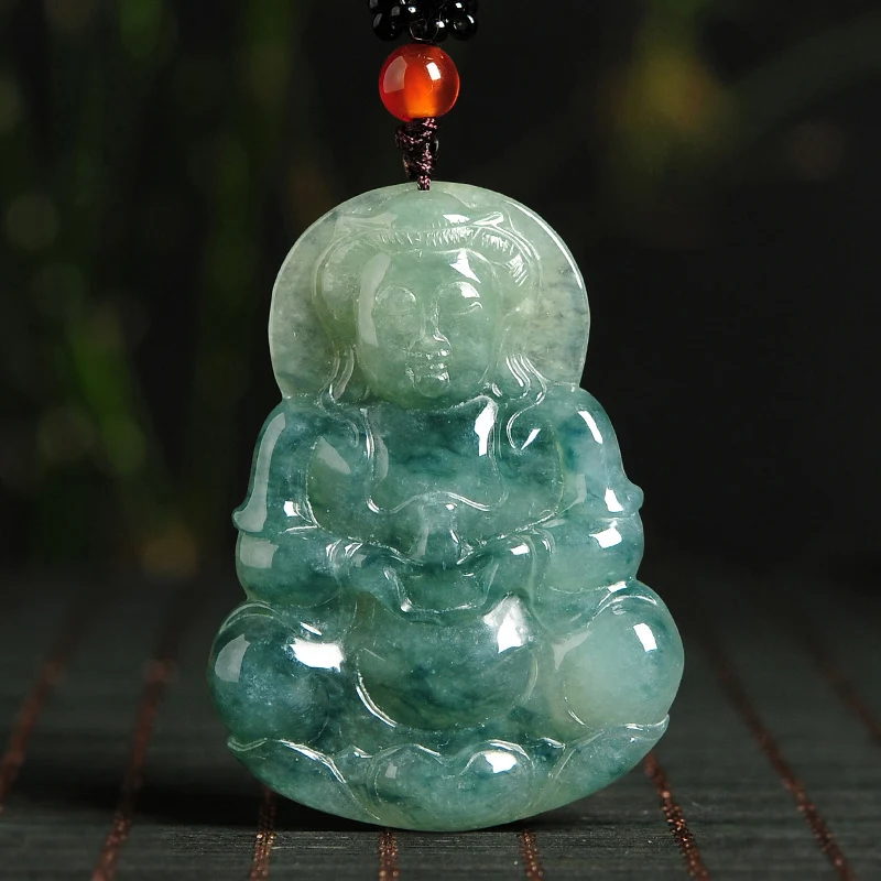 

Natural ice flower floating jade Guanyin pendant Myanmar jade A cargo oil green jade pendant male Buddha pendant with certificat