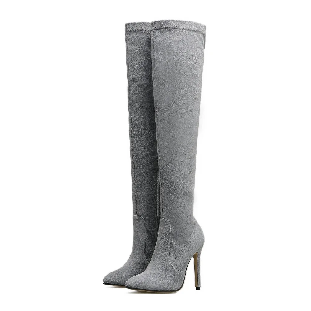 Rumbidzo/женские зимние сапоги; Сапоги выше колена с острым носком; сапоги на высоком каблуке на молнии; цвет серый, черный; облегающие сапоги