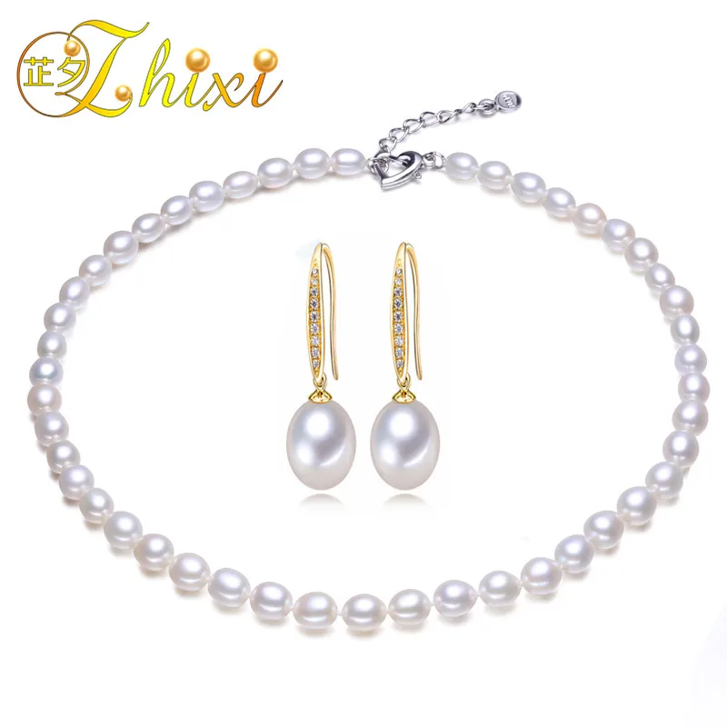 

ZHIXI Pearl Jewelry Sets For Women Natural Freshwater Pearl Necklace Earrings 6-7MM Drop Water Stone Chokers Necklaces N8-12