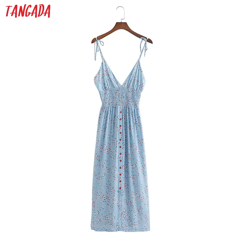 

Tangada fashion women blue flower print dress sexy spaghetti strap v neck ladies elastic waist midi dress vestidos 1D298