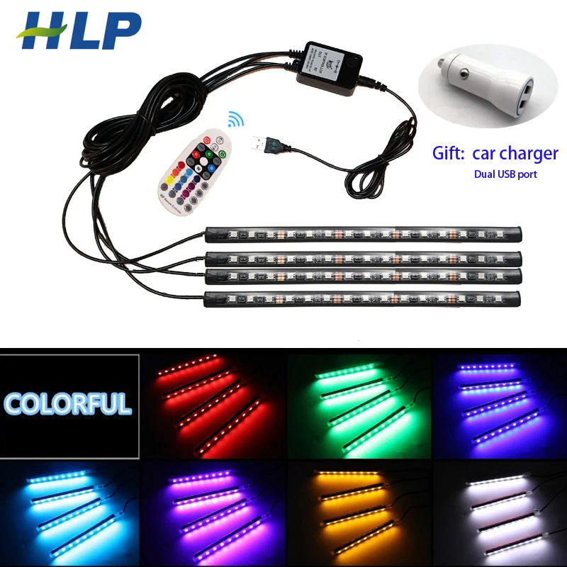 

Car Neon Lamps led music light 4* 15LEDS interior flexible RGB atmosphere light strips wireless remote with car charger