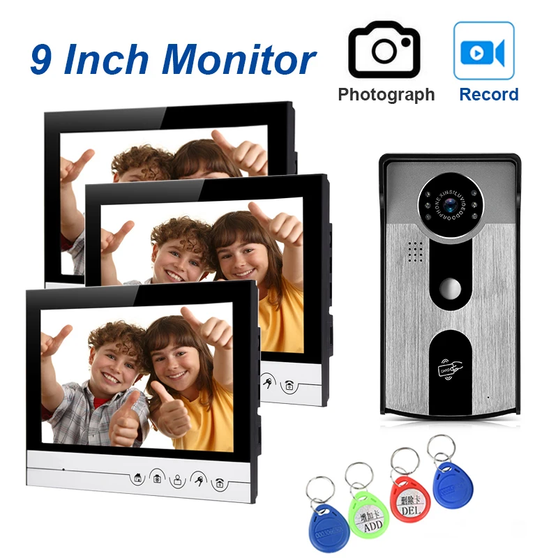 

Wired 9''Inch video doorphone intercom system with recording and IR night vision camera for home security