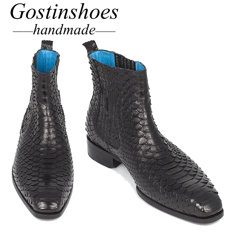 GOSTINSHOES HANDMADE Goodyear Welted Luxury Men Shoes Black Genuine Snakeskin Mens Boots Work Safty Ankle Boots Slip-On SCF30