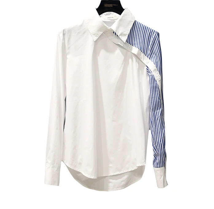 

2018 New arrival Shirts White with blue striped long sleeved shirt Female Blouse 16799
