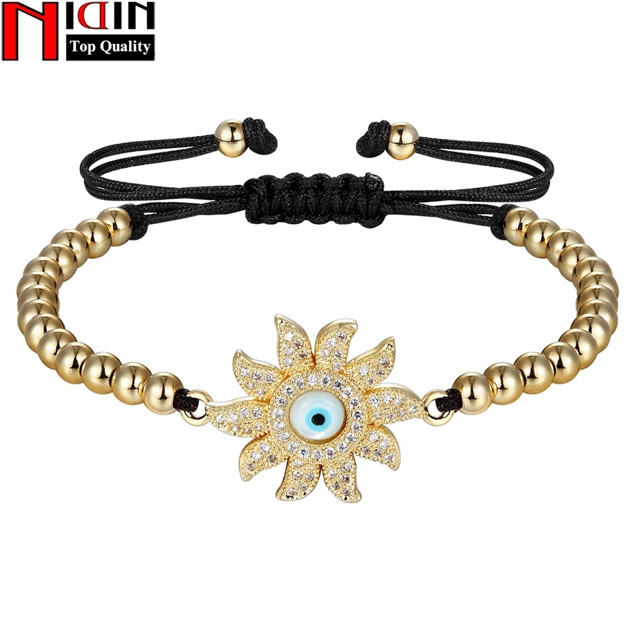

NIDIN Cute Sun Flower With 4mm Round Copper Beads Braiding Macrame Adjustable Women Bracelet Adjust Size For Female Jewelry G