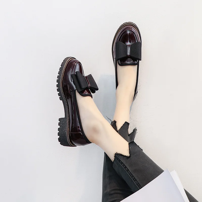 

2019 autumn new fashion simple solid color flat shoes women retro style comfortable thick sole bow decorative casual shoes