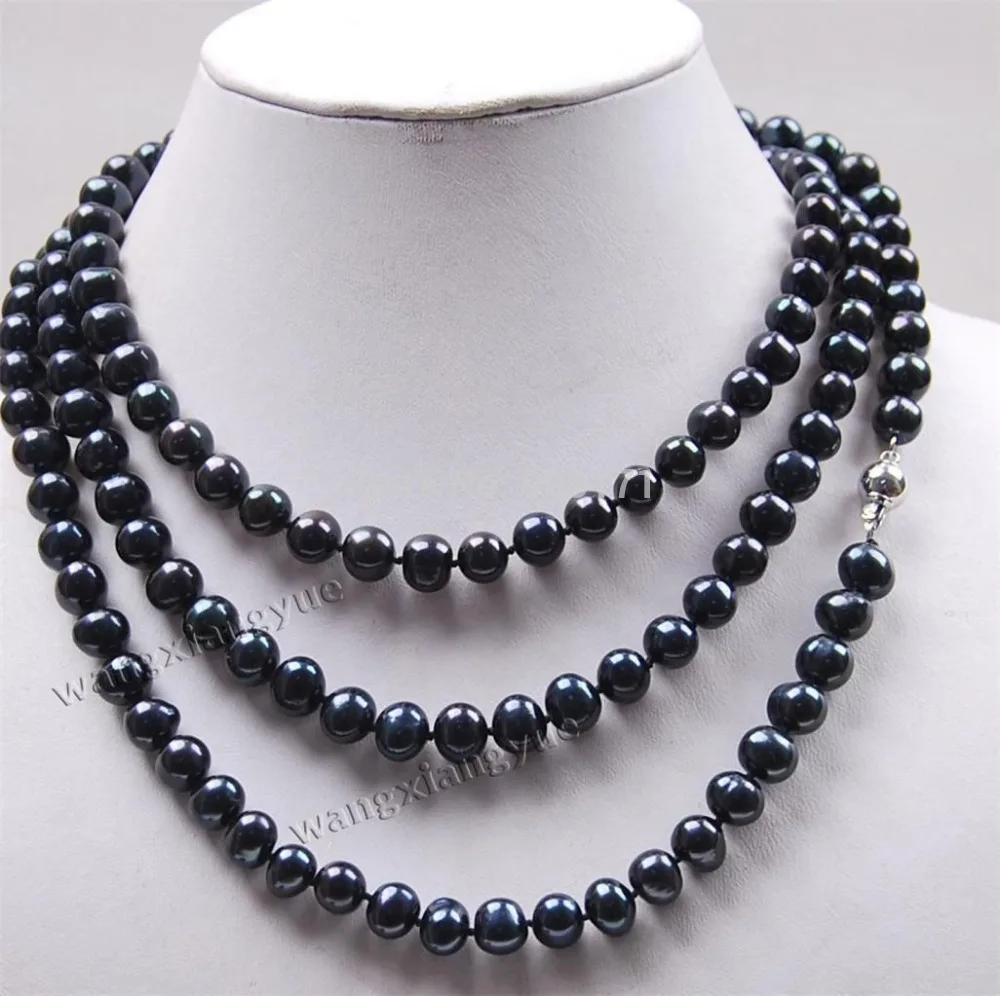 

Free Shipping>>Long 50" 7-8mm Black Akoya Cultured Pearl Jewelry Necklace