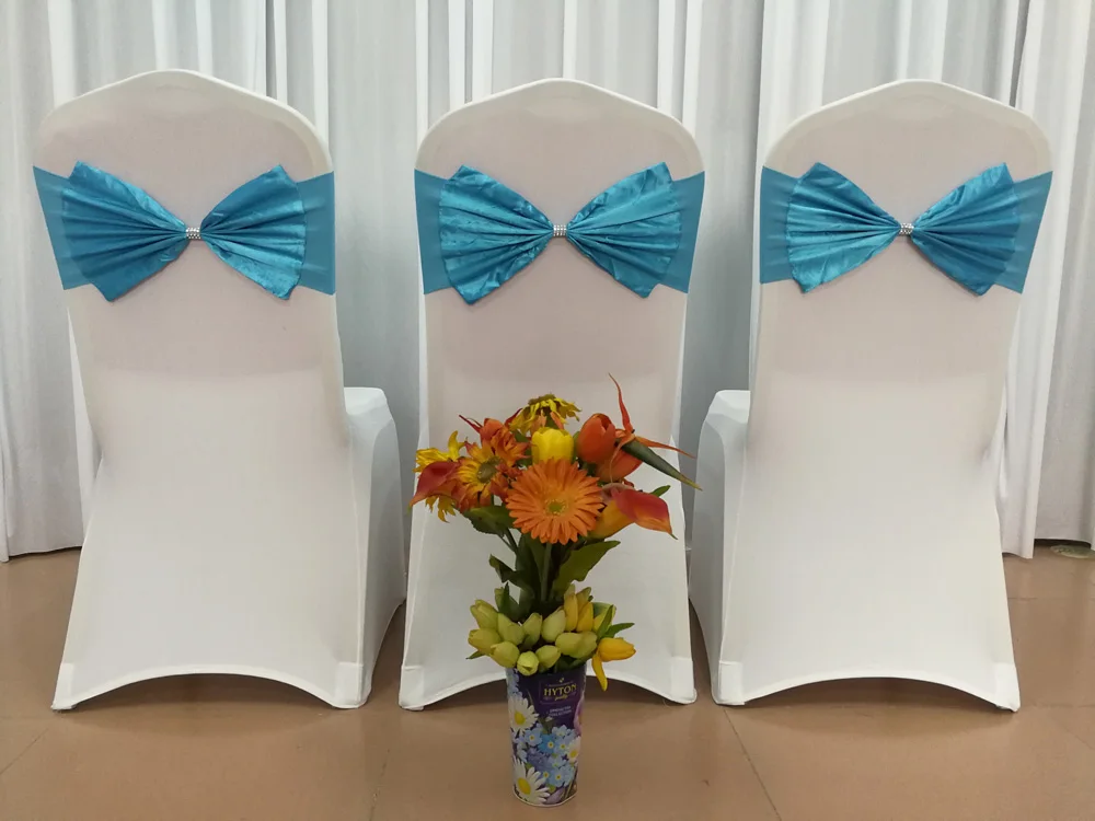100 шт. лайкра спандекс стул пояс-кушак с атласная бабочка лук и блестящий пояс для свадьбы Event ужин в отеле украшения