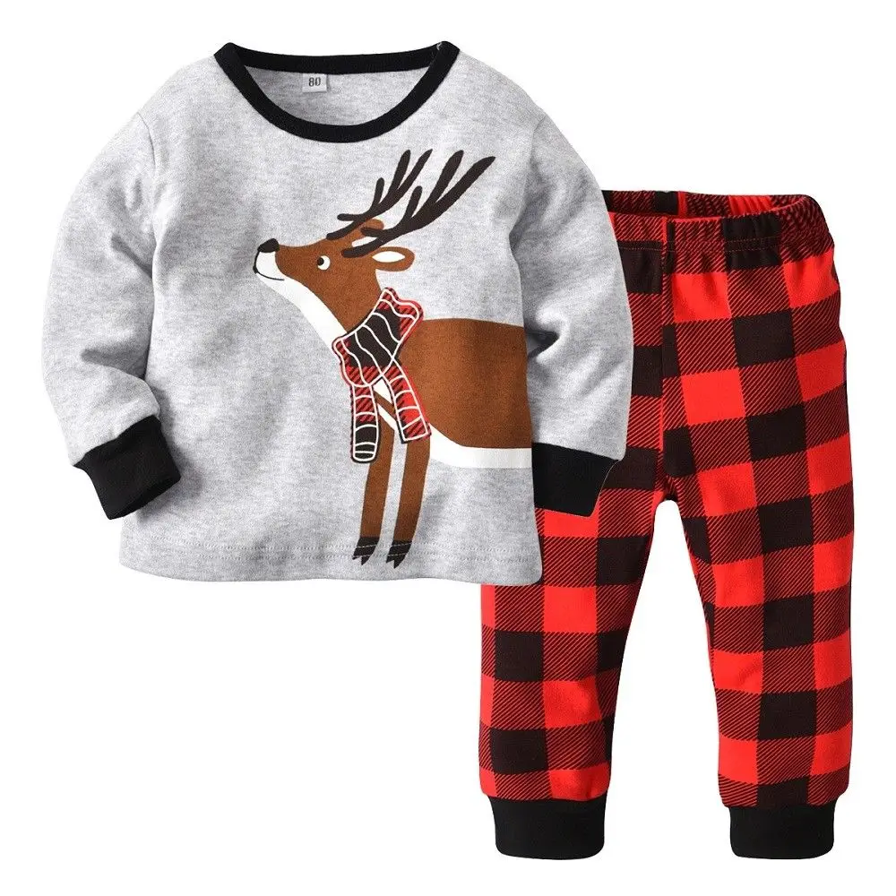 

Kids Xmas Moose Clothes Outfits Cute Baby Boy Girl Christmas Deer Shirt Long Pants Cotton Plaid Outfit Clothing Sets 0-5T