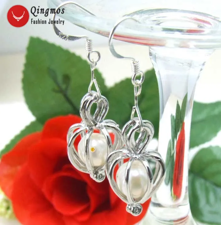

Qingmos Trendy Natural 6-7mm White Pearl Earring for Women with 10mm Heart Shape Dangle Earring Jewelry ear172 Free Shipping