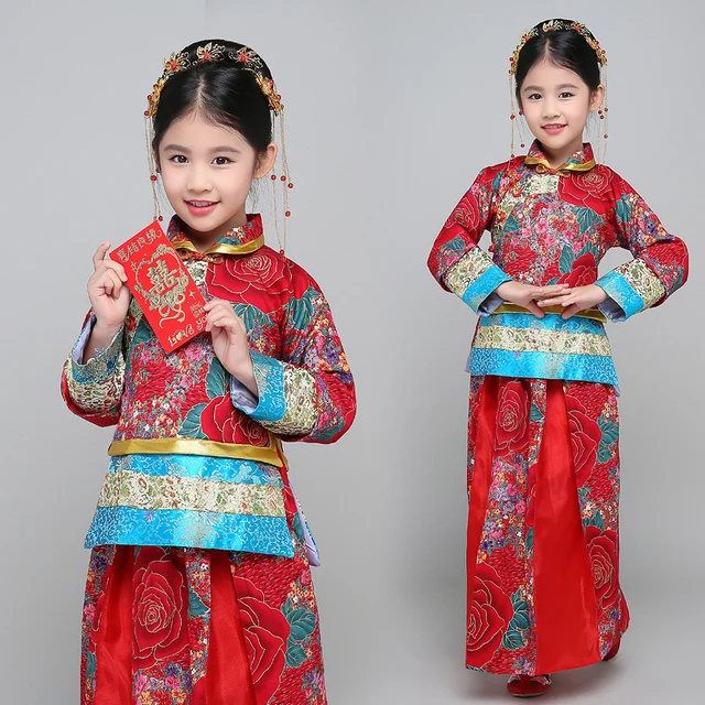 Child Chinese Traditional Costume Girl Ancient Chinese Wedding Dress for Kids Qipao Party