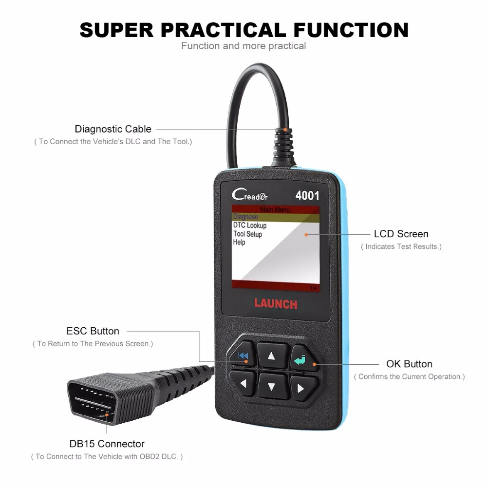 Launch DIY Creader 4001 OBDII/EOBD автоматический диагностический инструмент сканирования читальный инструмент кодов Многоязычная Поддержка и бесплатное обновление