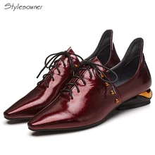 Stylesowner/Новинка года; женская повседневная обувь на шнурках; обувь из натуральной кожи на каблуке с заклепками; пикантная женская обувь с острым носком