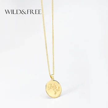

Wild&Free New Design Carved Coin Necklace & Pendant Zinc Alloy Gold Color Round Letter Necklace For Women Girl Fashion Jewelry