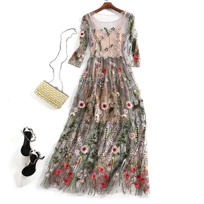 

2018 Newest Fashion Chic Embroidery Runway Boho Dress Women elegant Tulle Gauze Flower Floral Vintage Long party dresses