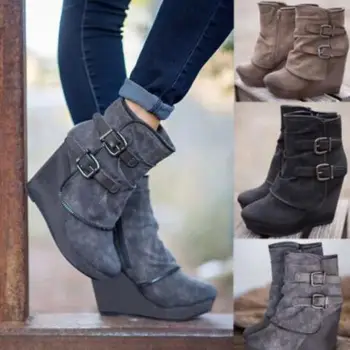 

Sapato Feminino Ankle Boots Woman High Heels Wedges Women Winter Shoes Buckle Platform Chaussures Femme Ete Martin Booty AB1128