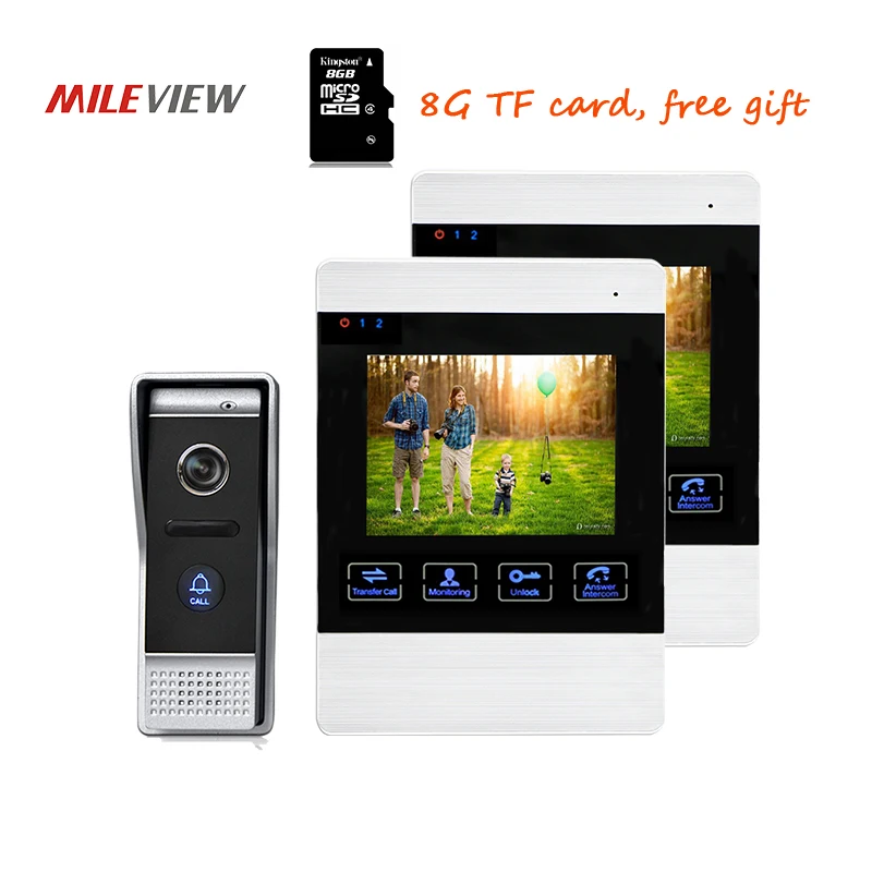 

Free Shipping 800TVL HD 4.3" Video Intercom Door Phone Unlock Kit 2 Record Screens + Waterproof Door bell Camera 110 View Angle