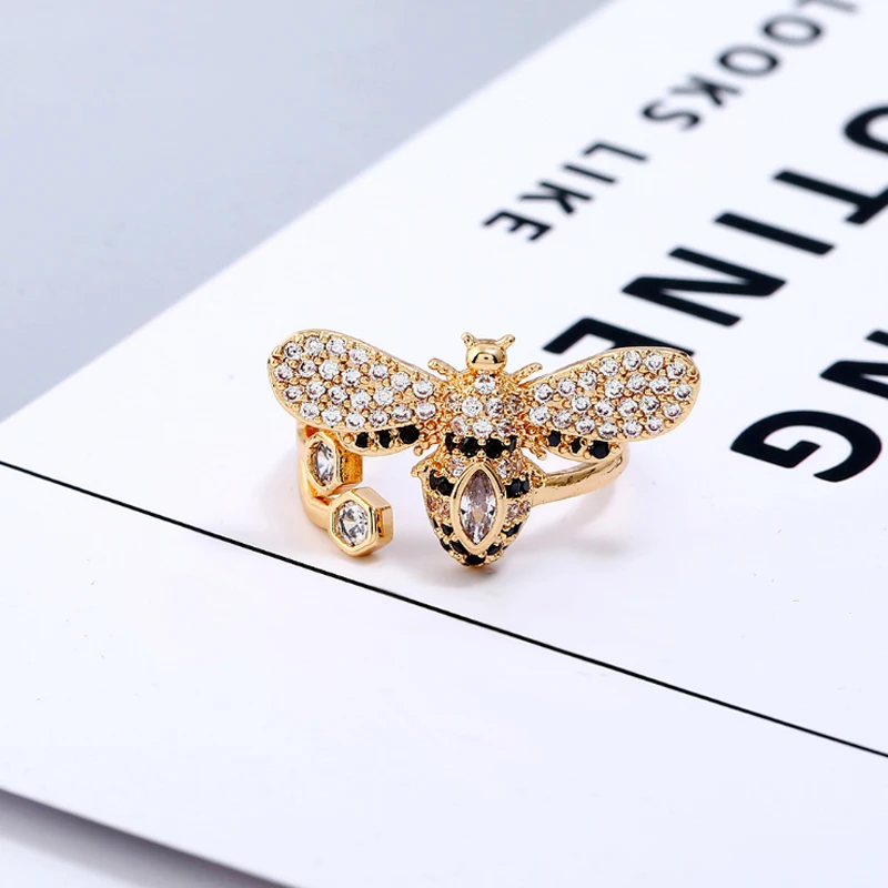 Роскошные розовое золото Цвет пчелы кольца для Для женщин CZ Кристалл Регулируемый Открытое кольцо украшения на свадьбу, годовщину подарки