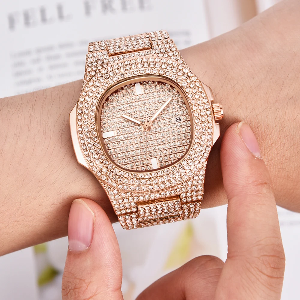 Mens Watches Fashion Luxury Diamond Brand Date Quartz Watch Men Gold Stainless Steel Business Watch Montres de Marque de Luxe