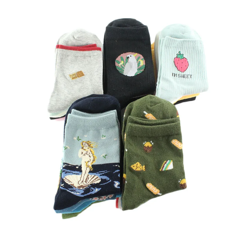 [EIOISAPRA] забавные носки с фруктами и ананасами суши/Птица/искусство масляной живописи Divertidos носки с персонажами для женщин Chaussette Femme S