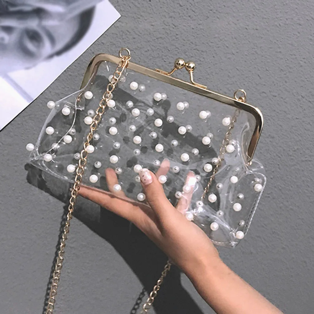

Ladies Jelly Bag Fashion Solid Color Handbag Transparent Bags Woman Clear Pearl Decorated Shoulder Bags Girls Evening Handbags