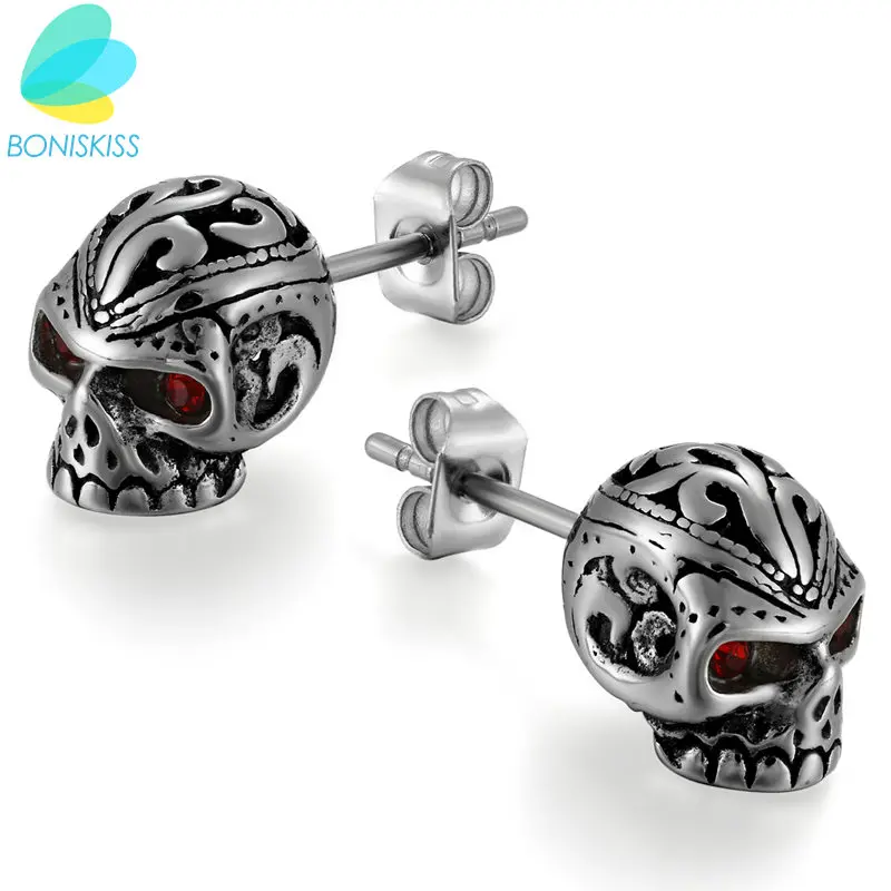 

Boniskiss New Arrival Style Stainless Steel Men Trendy Round Punk Skull Stud Earrings For Men Fashionable Jewelry 2017