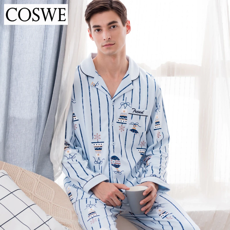 COSWE New Autumn 100% Cotton Men Pajama Sets Mens Long