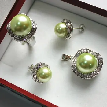 

Prett Lovely Women's Wedding noble jewelry set 10mm green shell pearl,ring, pendant & stud earring